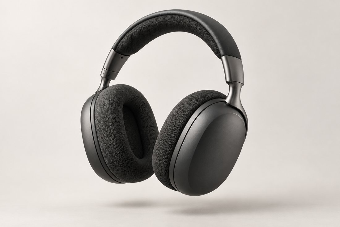 Matte graphite headphones, illustrative product artwork